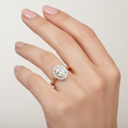 Generated image of a female model wearing the yellow gold oval halo engagement ring