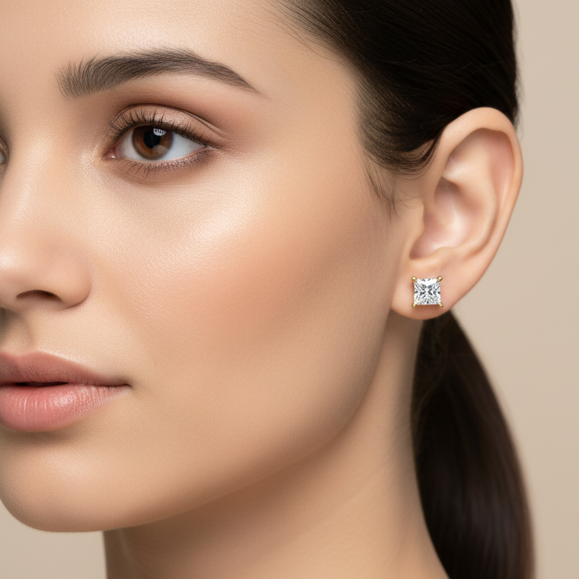 Generated image of a female model wearing the yellow gold princess-cut diamond solitaire stud earrings