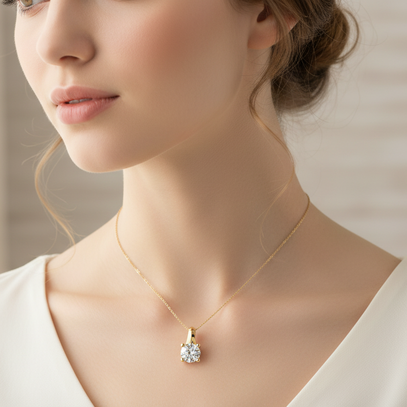 Generated image of a female model wearing the yellow gold round brilliant diamond solitaire pendant