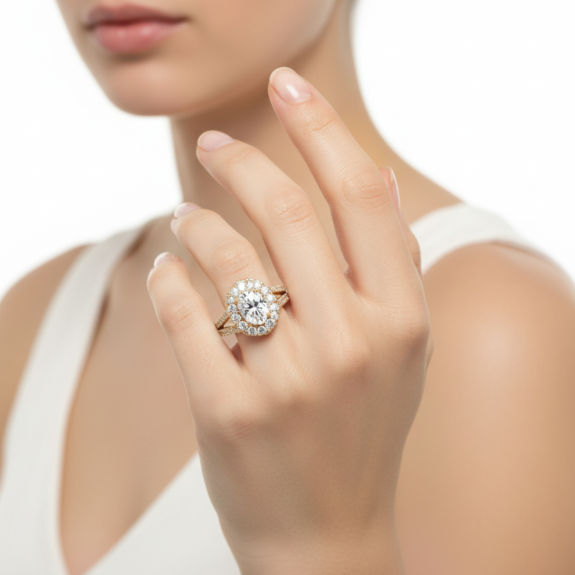 Generated image of a female model wearing the yellow gold round brilliant halo engagement ring with double-row split pavé diamond band