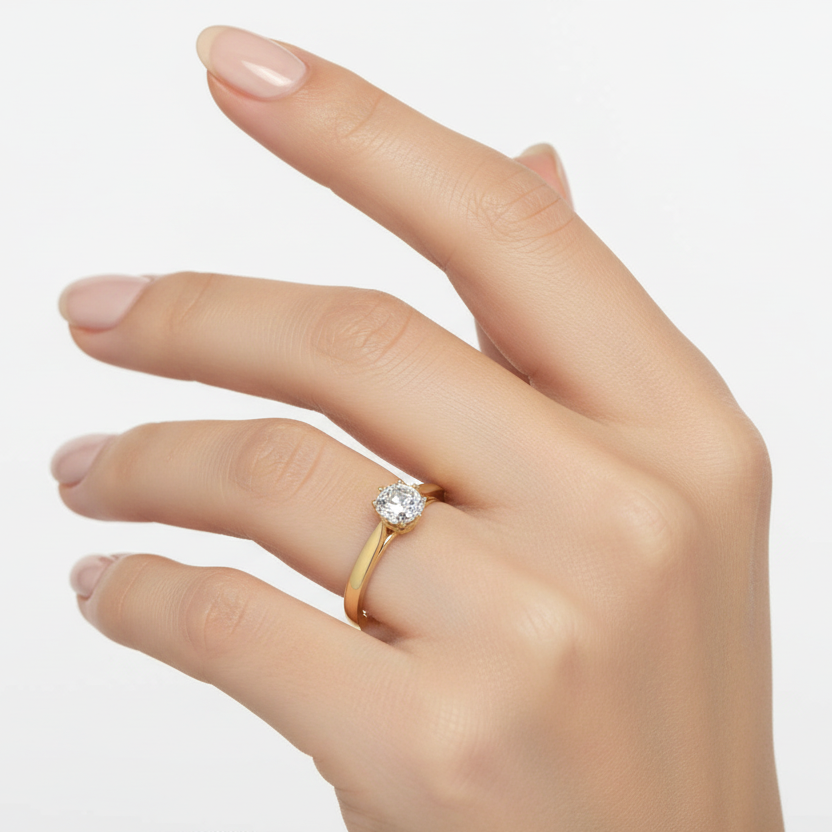 Generated image of a female model wearing the yellow gold six-prong asscher-cut solitaire engagement ring