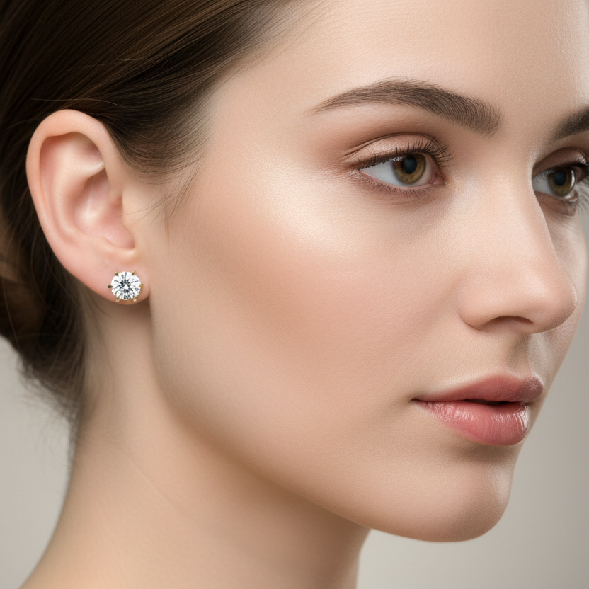 Generated image of a female model wearing the yellow gold six-prong round brilliant diamond solitaire stud earrings