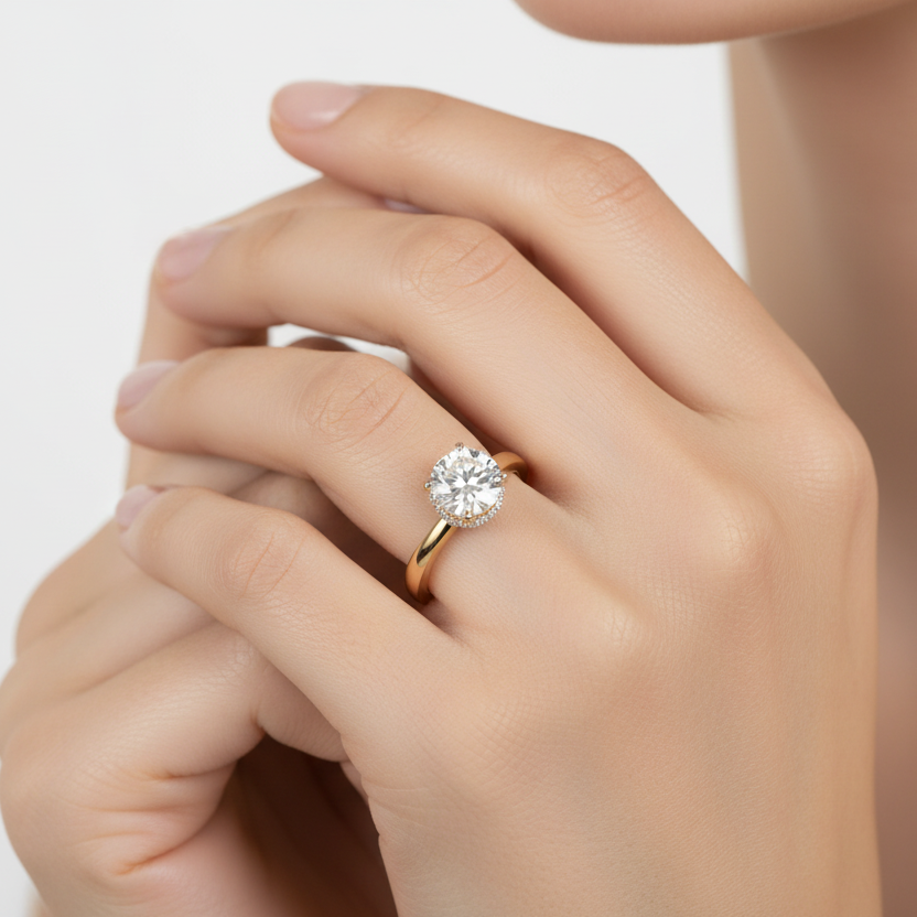 Generated image of a female model wearing the yellow gold solitaire engagement ring with hidden halo