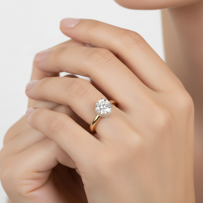 Generated image of a female model wearing the yellow gold solitaire engagement ring with hidden halo