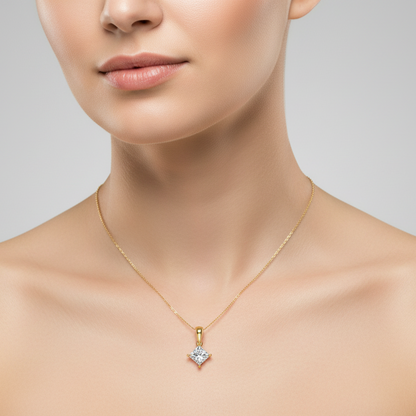 Generated image of a female model wearing the yellow gold solitaire princess-cut diamond pendant