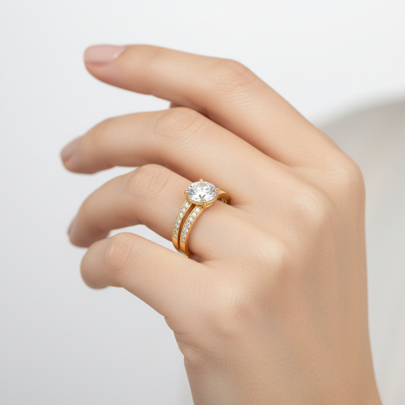 Generated image of a female model wearing the yellow gold split shank diamond engagement ring