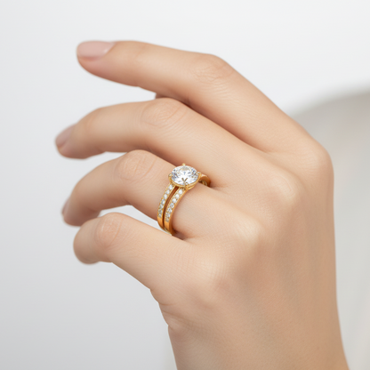 Generated image of a female model wearing the yellow gold split shank diamond engagement ring