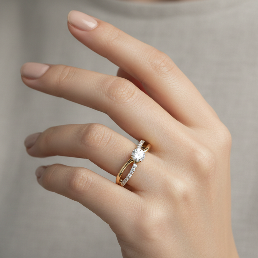 Generated image of a female model wearing the yellow gold split shank engagement ring with pavé diamond band