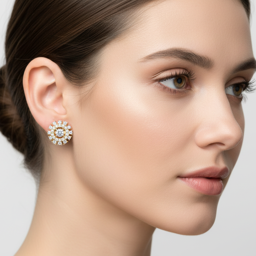 Generated image of a female model wearing the yellow gold sunburst double halo diamond stud earrings