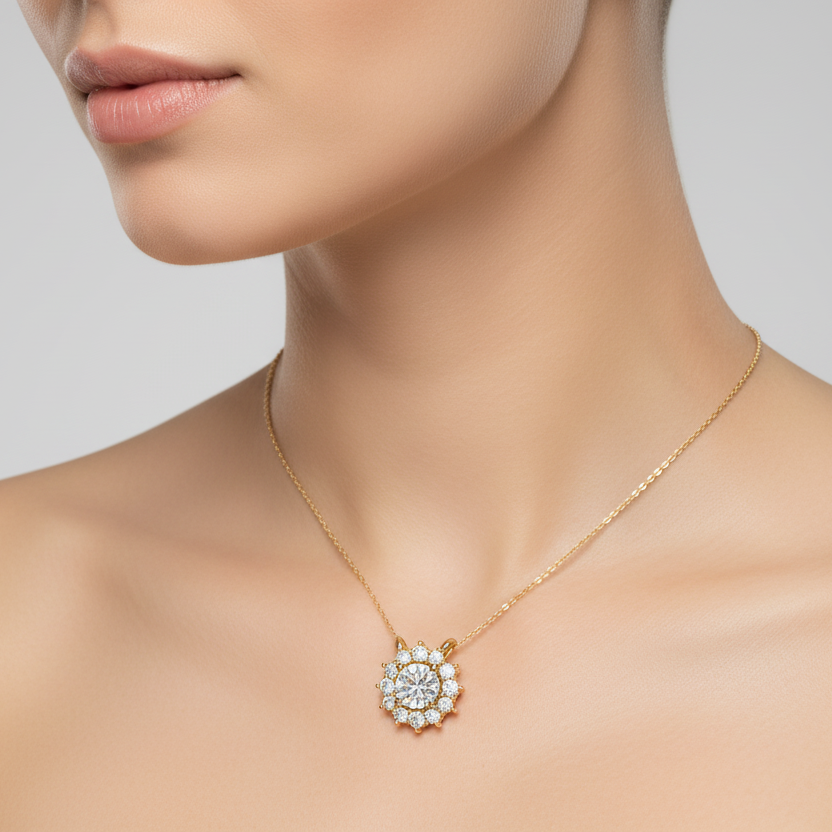 Generated image of a female model wearing the yellow gold sunburst halo diamond pendant