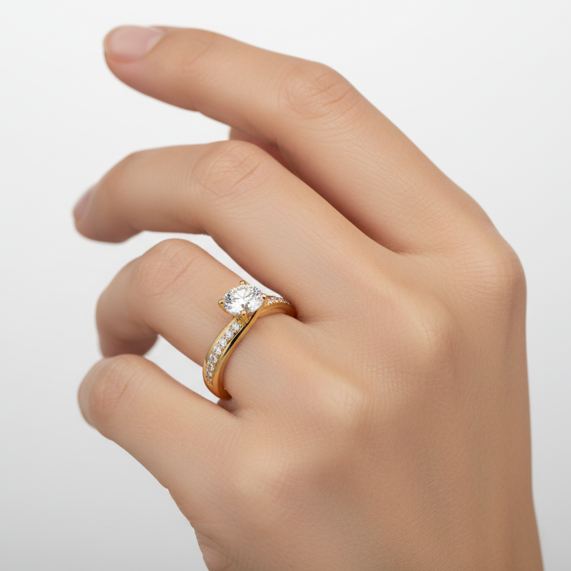 Generated image of a female model wearing the yellow gold twisted pavé diamond engagement ring