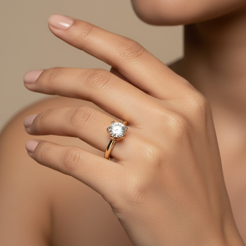 Generated image of an Indian female model wearing the classic yellow gold six-prong tulip solitaire engagement ring