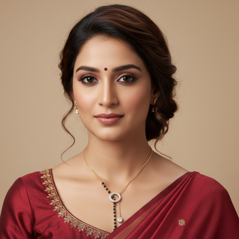 Generated image of an Indian female model wearing the contemporary diamond mangalsutra with pavé diamond circle pendant and black bead and diamond drop tassels