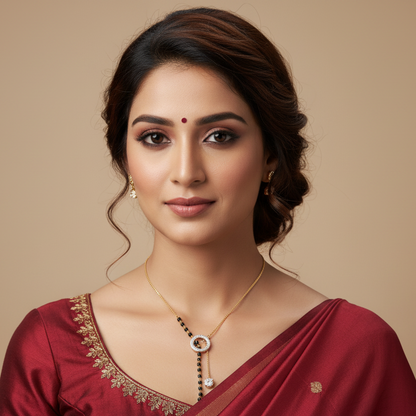 Generated image of an Indian female model wearing the contemporary diamond mangalsutra with pavé diamond circle pendant and black bead and diamond drop tassels