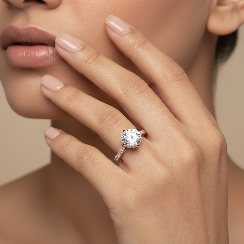 Generated image of an Indian female model wearing the rose gold four-prong round brilliant solitaire engagement ring with split pavé diamond band