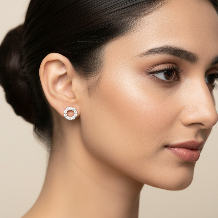 Generated image of an Indian female model wearing the rose gold open circle diamond stud earrings