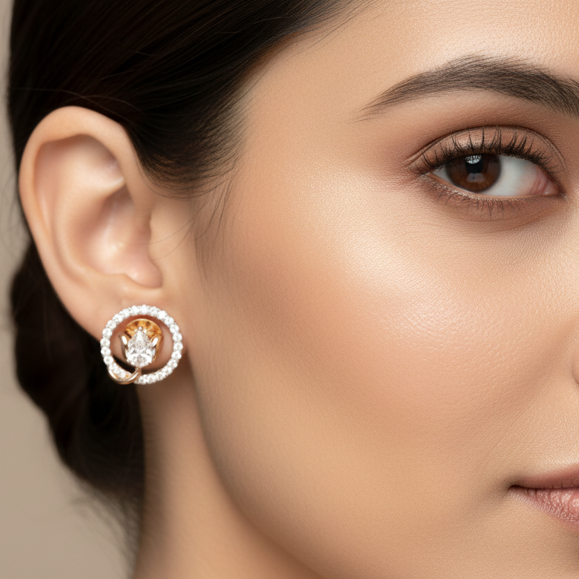 Generated image of an Indian female model wearing the rose gold pear-cut diamond lotus bud within pavé diamond swirl circle stud earrings