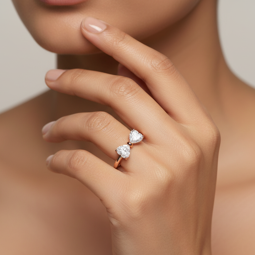 Generated image of an Indian female model wearing the rose gold twin pear-cut diamond bow ring