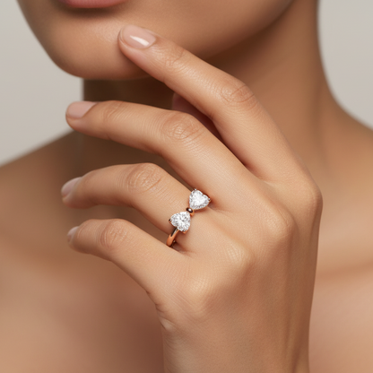 Generated image of an Indian female model wearing the rose gold twin pear-cut diamond bow ring
