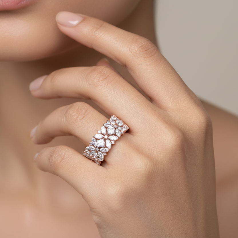 Generated image of an Indian female model wearing the rose gold wide multi-shape diamond cluster eternity band with ornate open floral lattice inner gallery