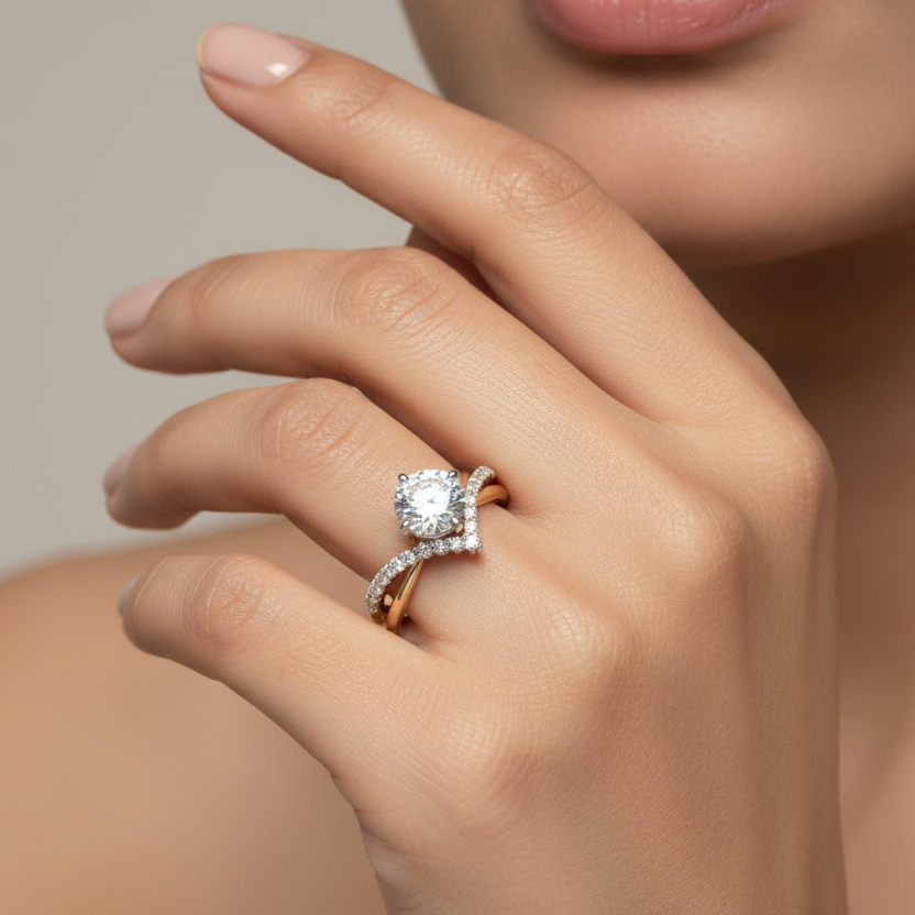 Generated image of an Indian female model wearing the two-tone yellow and white gold four-prong round brilliant solitaire engagement ring with twisted pavé diamond and plain yellow gold bypass band