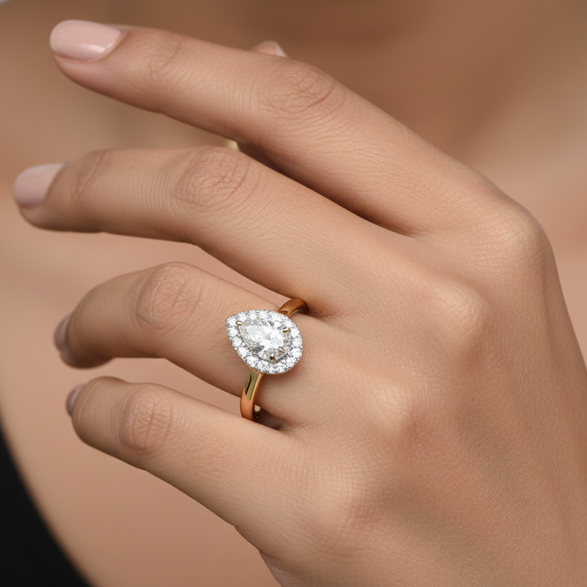 Generated image of an Indian female model wearing the two-tone yellow and white gold pear-cut halo engagement ring with plain polished band