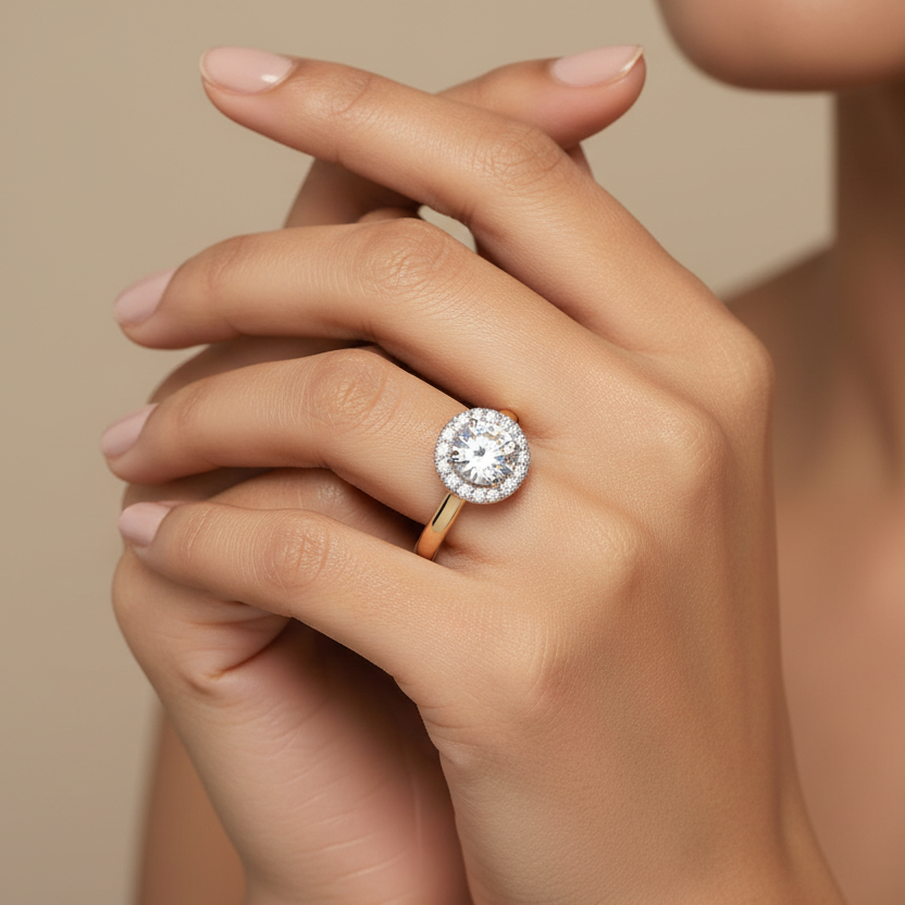 Generated image of an Indian female model wearing the two-tone yellow and white gold round brilliant halo engagement ring with plain polished band