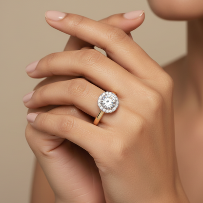 Generated image of an Indian female model wearing the two-tone yellow and white gold round brilliant halo engagement ring with plain polished band
