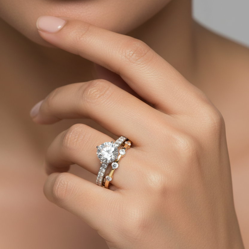 Generated image of an Indian female model wearing the two-tone yellow and white gold six-prong round brilliant solitaire stacked with bezel-set diamond station band and pavé diamond band