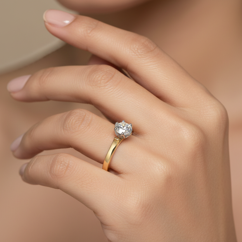 Generated image of an Indian female model wearing the two-tone yellow and white gold six-prong solitaire engagement ring