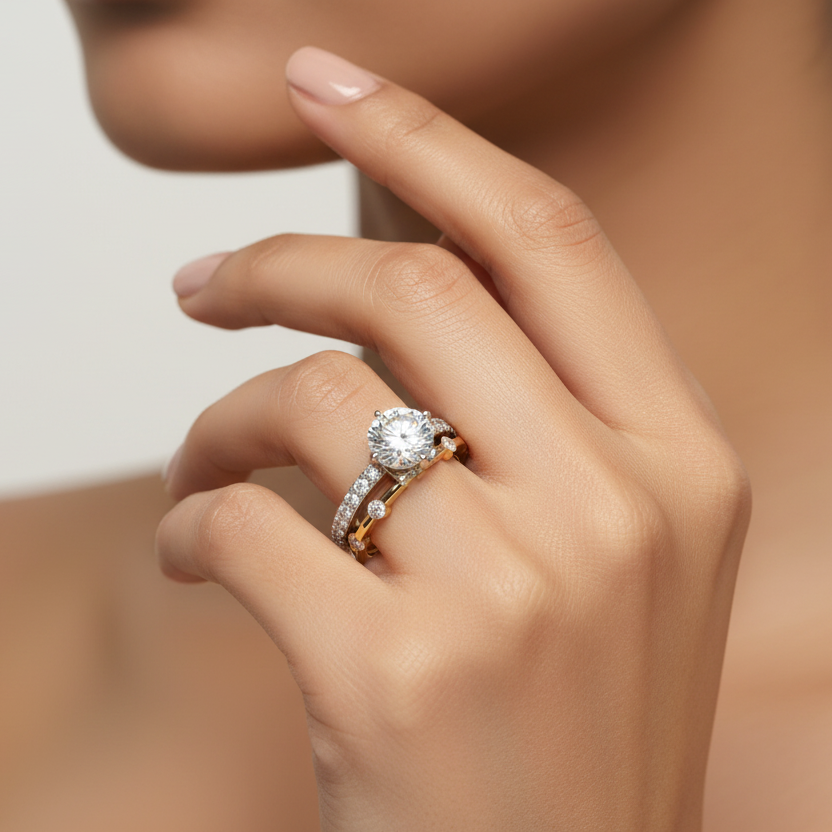 Generated image of an Indian female model wearing the two-tone yellow and white gold six-prong solitaire ring stacked with a bezel-set diamond station band