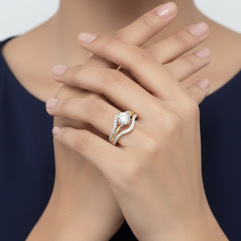 Generated image of an Indian female model wearing the two-tone yellow gold and white gold bypass split double-band solitaire ring with sweeping curved bypass pavé diamond rails