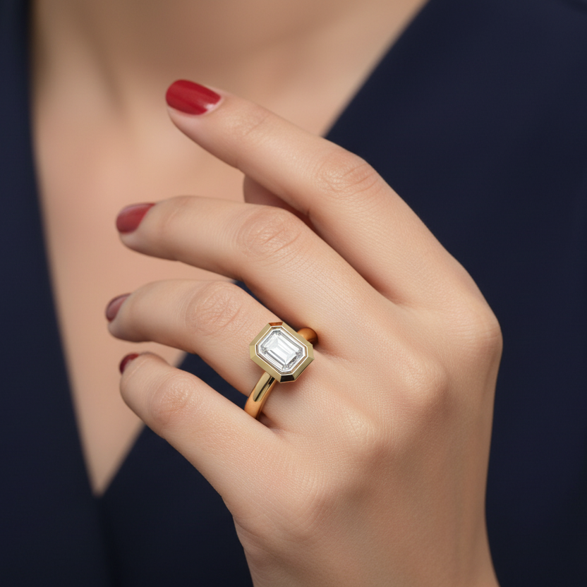Generated image of an Indian female model wearing the two-tone yellow gold and white gold emerald-cut diamond hexagonal bezel solitaire engagement ring with smooth domed yellow gold comfort-fit shank