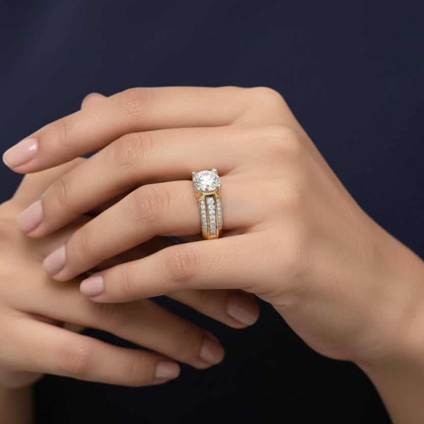 Generated image of an Indian female model wearing the two-tone yellow gold and white gold four-claw round brilliant diamond solitaire with dramatic wide cathedral shank featuring two recessed double-row channel pavé diamond rails