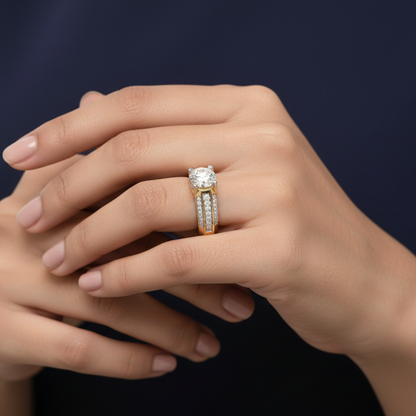 Generated image of an Indian female model wearing the two-tone yellow gold and white gold four-claw round brilliant diamond solitaire with dramatic wide cathedral shank featuring two recessed double-row channel pavé diamond rails