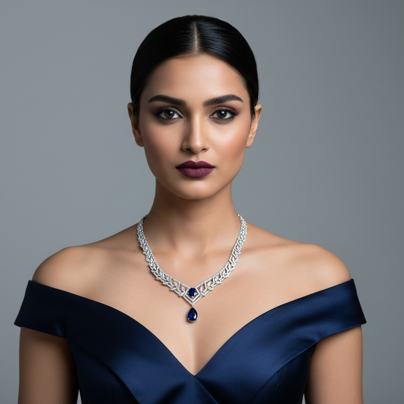 Generated image of an Indian female model wearing the white gold Art Deco sapphire and marquise diamond botanical lattice V-necklace with pear sapphire pendant drop