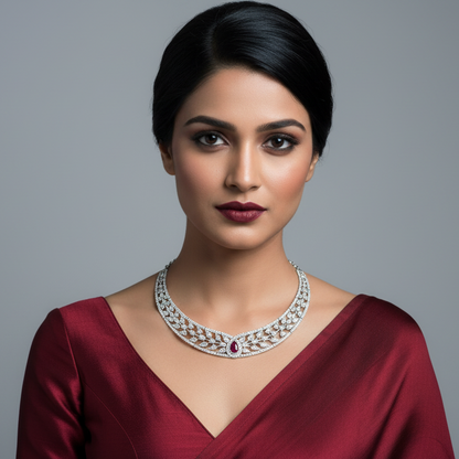 Generated image of an Indian female model wearing the white gold diamond botanical lattice bib necklace with pear ruby centre drop