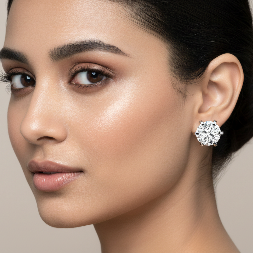 Generated image of an Indian female model wearing the white gold eight-prong round brilliant diamond solitaire stud earrings