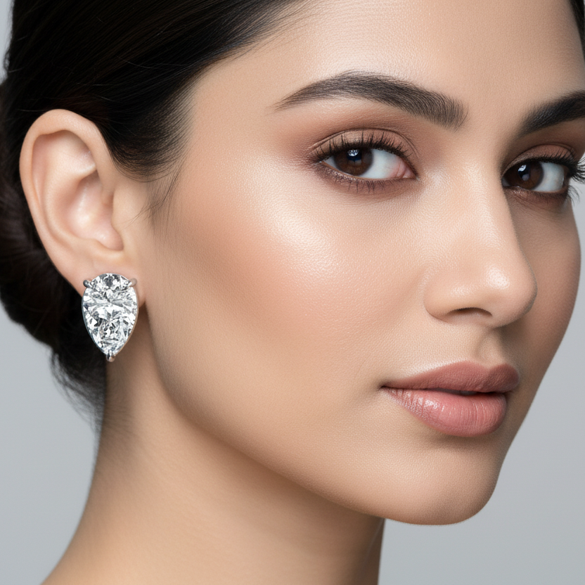 Generated image of an Indian female model wearing the white gold five-prong pear-cut diamond solitaire stud earrings