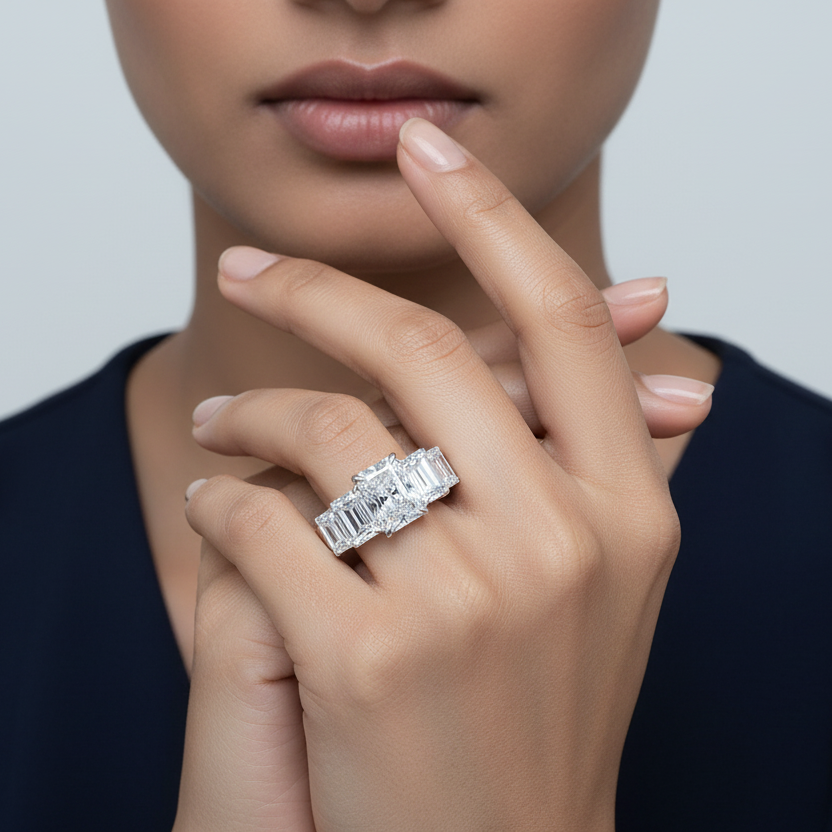 Generated image of an Indian female model wearing the white gold five-stone wall-to-wall diamond ring with massive radiant-cut centre flanked by four large emerald-cut diamonds
