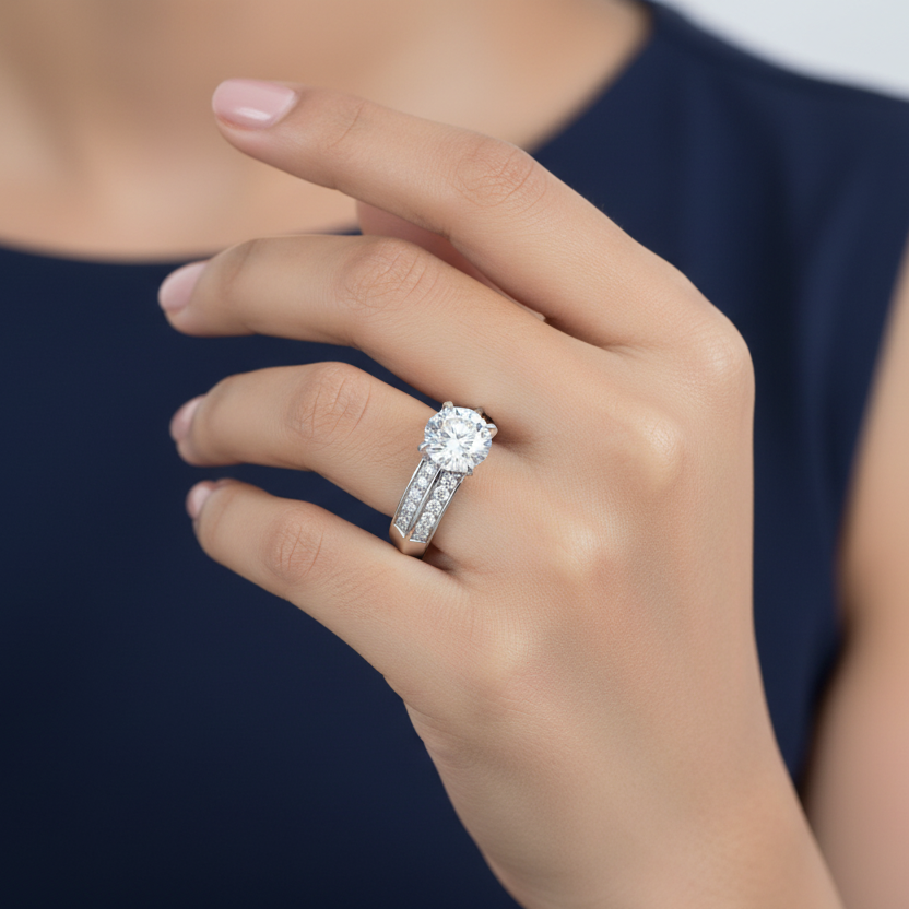 Generated image of an Indian female model wearing the white gold four-claw round brilliant diamond solitaire engagement ring with bold double-row channel and pavé diamond cathedral shank