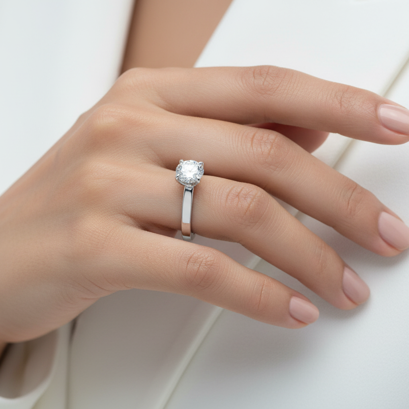 Generated image of an Indian female model wearing the white gold four-claw round brilliant diamond solitaire engagement ring with bold flat-sided comfort-fit plain polished shank