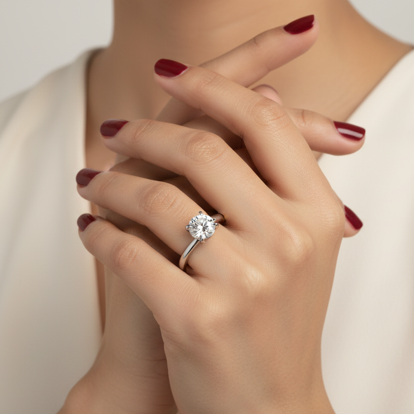 Generated image of an Indian female model wearing the white gold four-claw round brilliant diamond solitaire engagement ring with ultra-slim plain polished comfort-fit shank