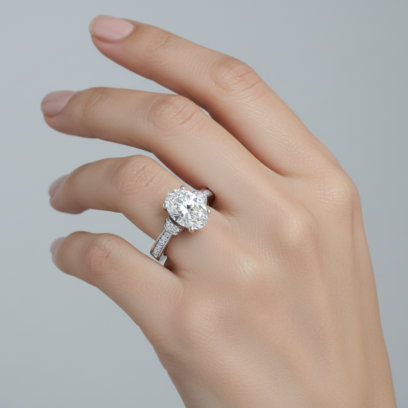 Generated image of an Indian female model wearing the white gold four-prong oval brilliant solitaire engagement ring with crescent moon pavé diamond side stones and channel-set diamond band