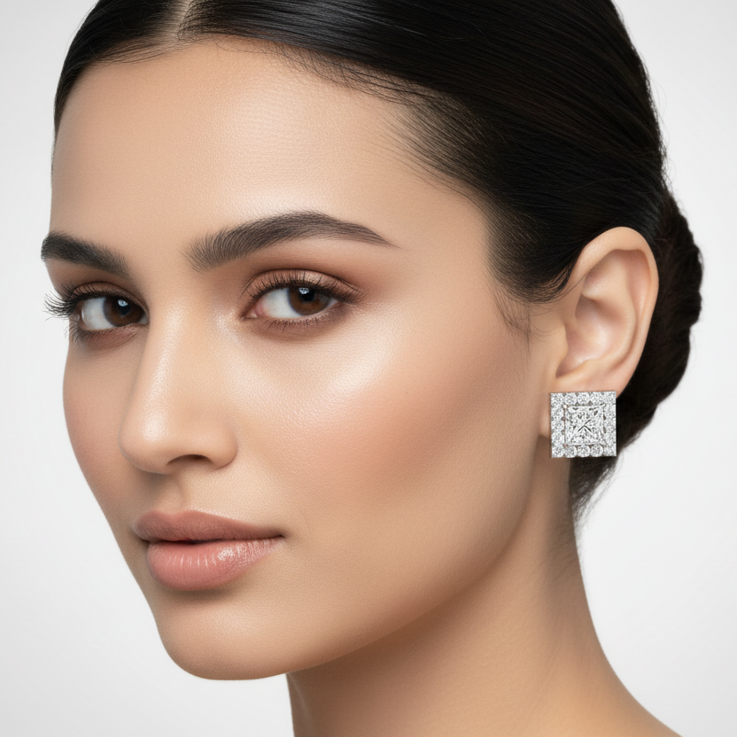 Generated image of an Indian female model wearing the white gold four-prong princess-cut diamond solitaire stud earrings with bold square round brilliant diamond halo