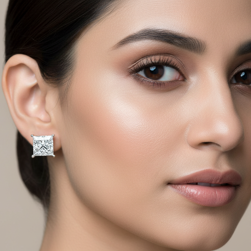 Generated image of an Indian female model wearing the white gold four-prong princess-cut diamond solitaire stud earrings