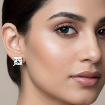Generated image of an Indian female model wearing the white gold four-prong princess-cut diamond solitaire stud earrings