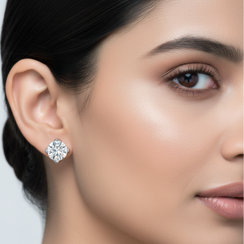 Generated image of an Indian female model wearing the white gold four-prong round brilliant diamond solitaire stud earrings