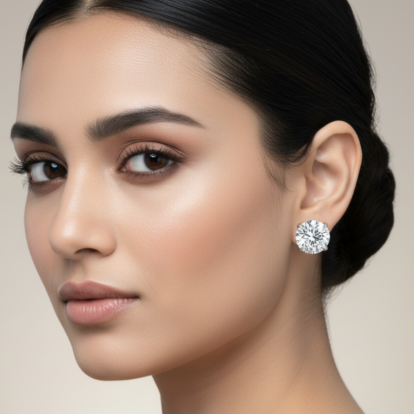 Generated image of an Indian female model wearing the white gold four-prong round brilliant diamond solitaire stud earrings