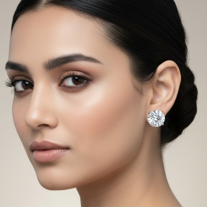 Generated image of an Indian female model wearing the white gold four-prong round brilliant diamond solitaire stud earrings